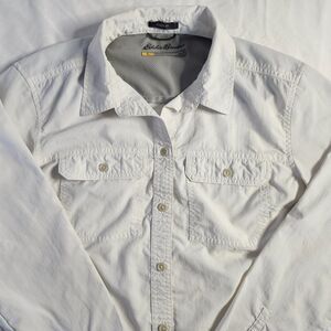 Eddie Bauer Travex Departure Shirt Womens Small White Long Sleeve UPF 50 Hiking.